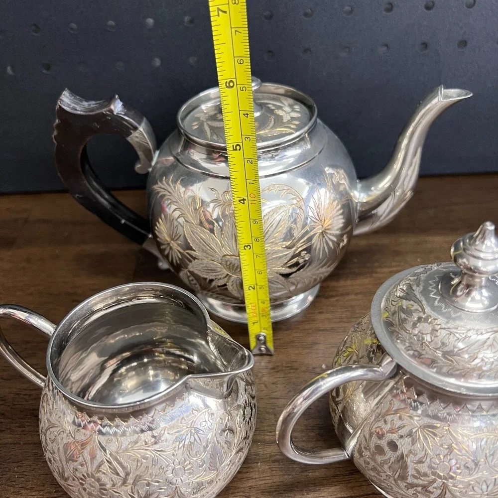 Vintage Wedding Silver Plated Floral Etched Footed Tea Set India, 1950 set of 3‎